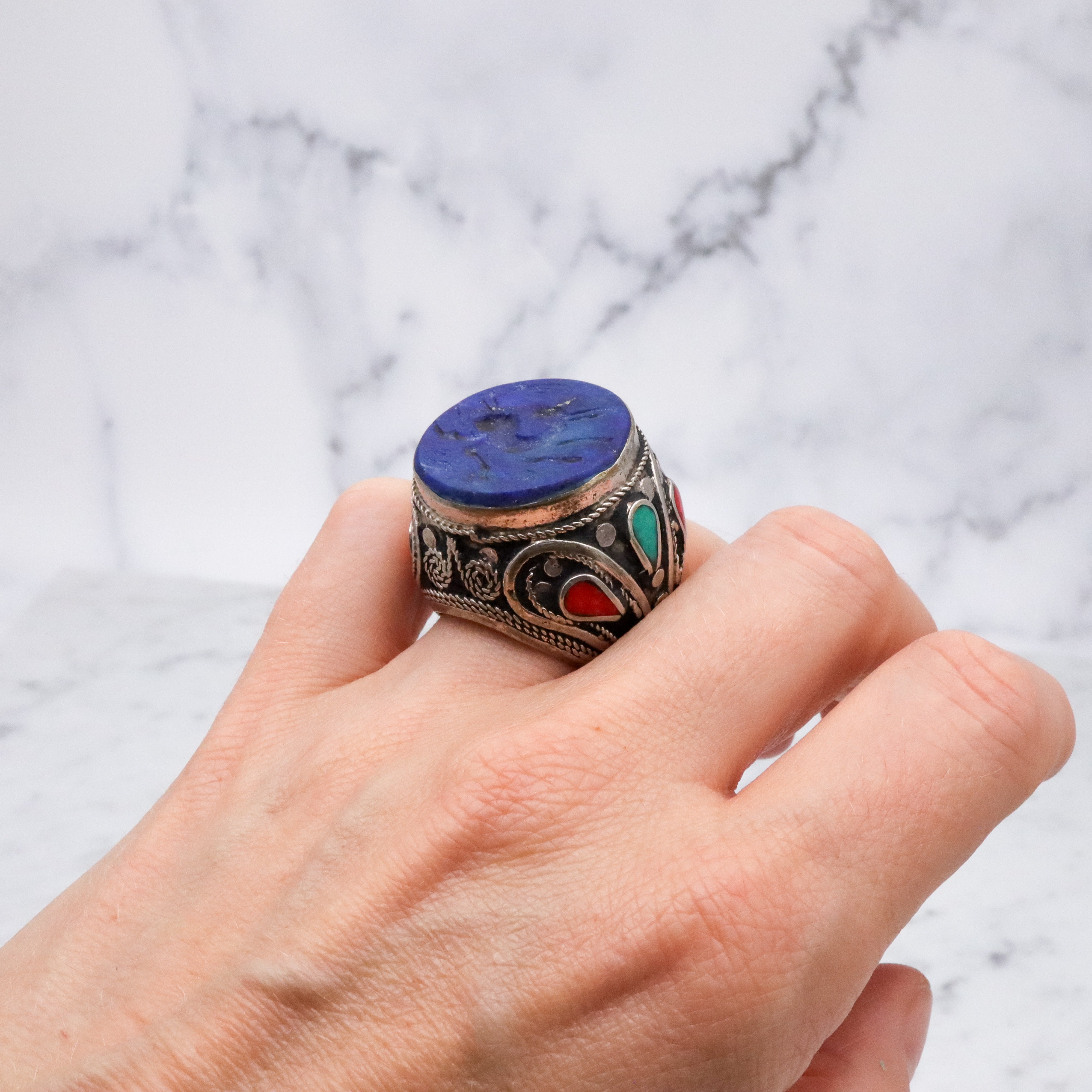 Vintage Afghan tribal silver lapis intaglio ring, size 5.5